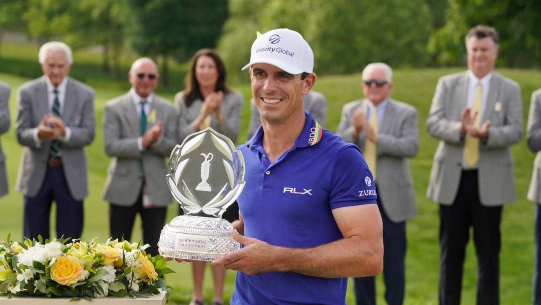 Billy Horschel poses with his trophy after winning the Memorial golf tournament Sunday, June 5, 2022, in Dublin, Ohio.