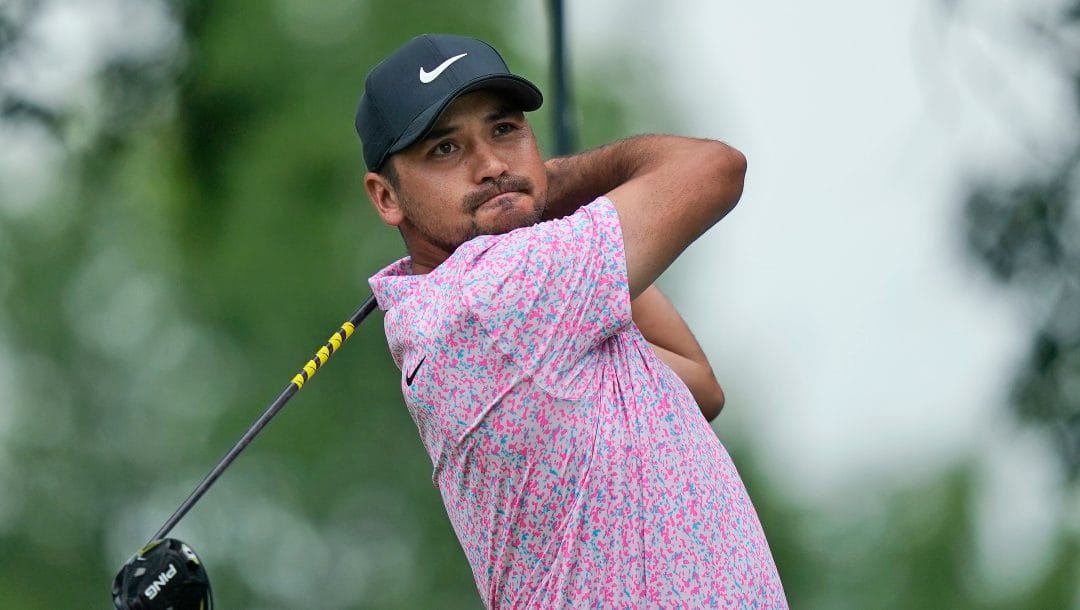 Jason Day, of Australia, hits a tee shot on the second hole during the final round of the Byron Nelson golf tournament in McKinney, Texas, Sunday, May 14, 2023.
