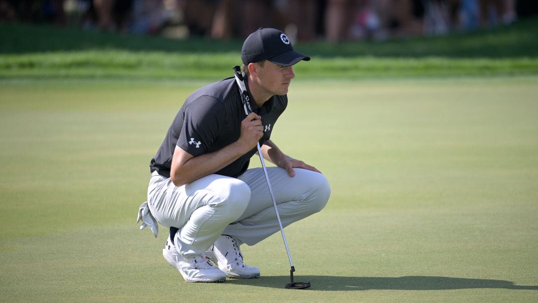 Jordan Spieth lines up his putt on the ninth green during the second round of the Arnold Palmer Invitational golf tournament, Friday, March 3, 2023, in Orlando, Fla.