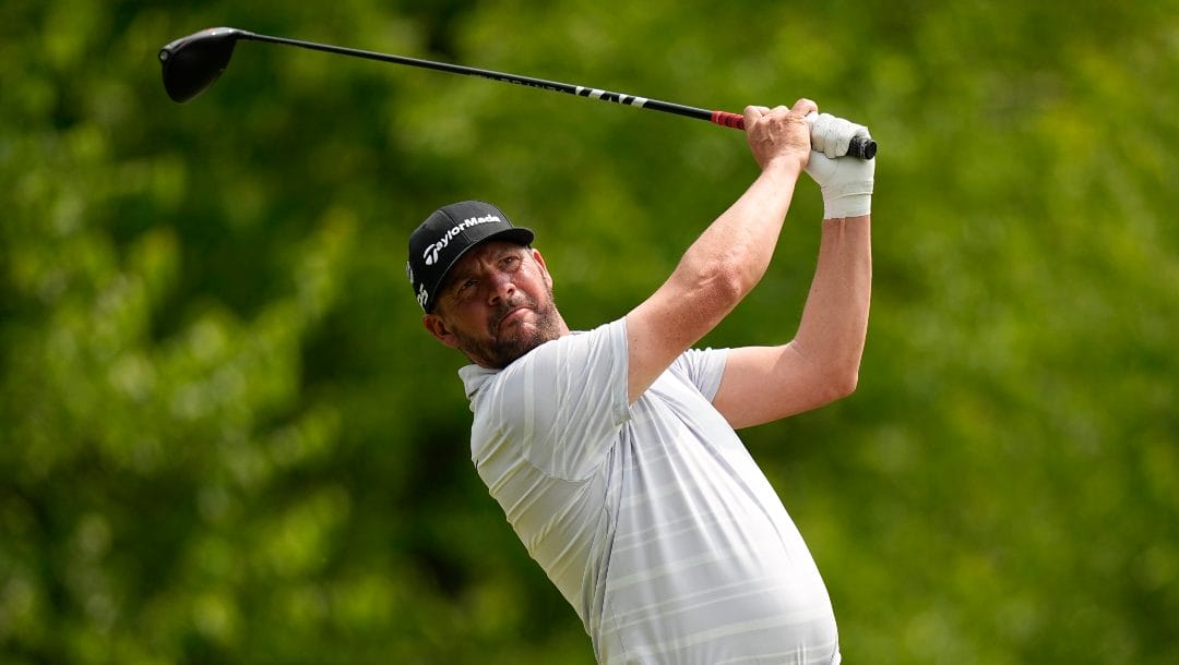 Michael Block watches his tee shot on the fourth hole during the final round of the PGA Championship golf tournament at Oak Hill Country Club on Sunday, May 21, 2023, in Pittsford, N.Y.