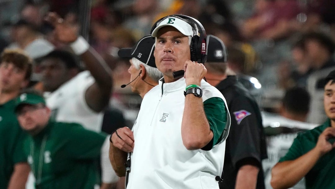 Eastern Michigan head coach Chris Creighton during a timeout against Arizona State during the first half of an NCAA college football game Saturday, Sept. 17, 2022, in Tempe, Ariz. (AP Photo/Darryl Webb)