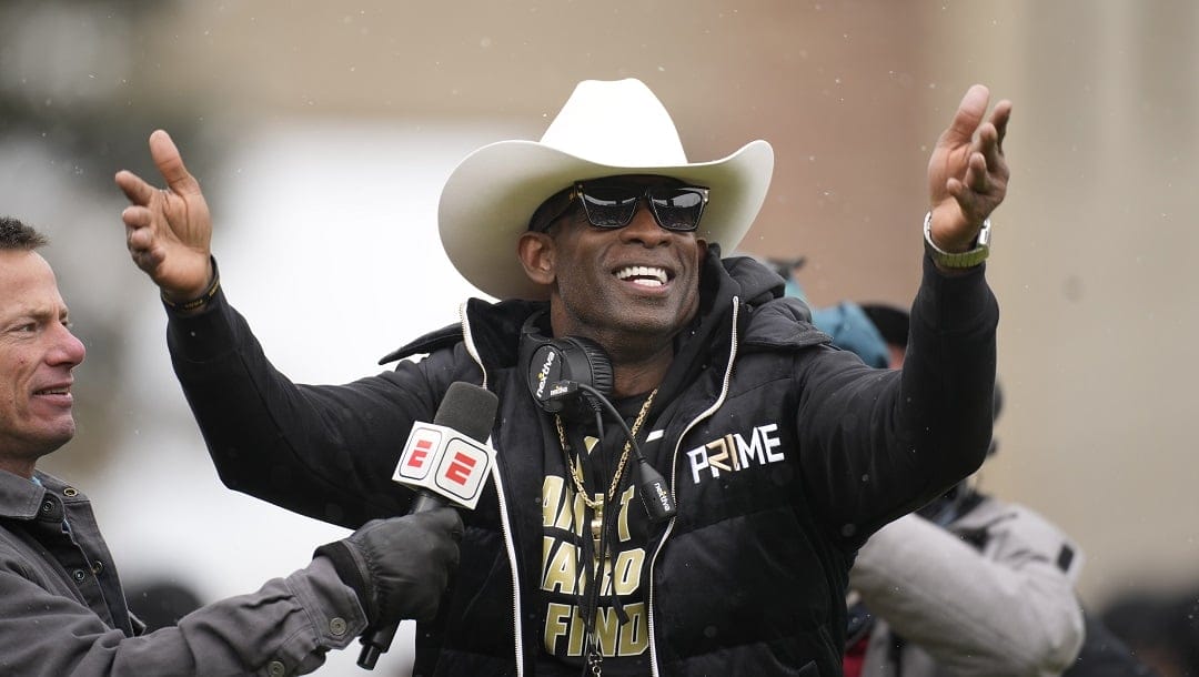 Colorado head coach Deion Sanders in the first half of the team's spring practice NCAA college football game Saturday, April 22, 2023, in Boulder, Colo.