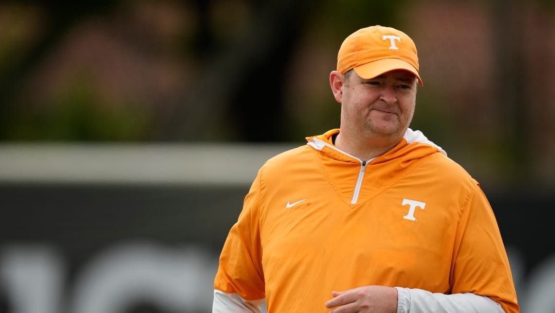 Tennessee Volunteers head coach Josh Heupel looks on during a team practice session ahead of the 2022 Orange Bowl, Tuesday, Dec. 27, 2022, in Miami Shores, Fla. Tennessee will face the Clemson Tigers in the Orange Bowl on Friday, Dec. 30.(AP Photo/Rebecca Blackwell)