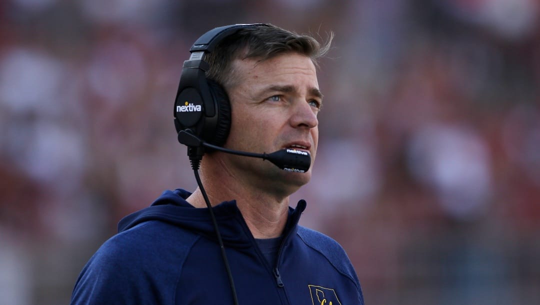 California head coach Justin Wilcox watches the first half of an NCAA college football game against Washington State, Saturday, Oct. 1, 2022, in Pullman, Wash. (AP Photo/Young Kwak)