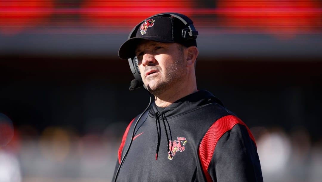 Ball State coach Mike Neu watches from the sideline during an NCAA football game against Central Michigan on Saturday, Oct. 8, 2022, in Mount Pleasant, Mich. (AP Photo/Al Goldis)