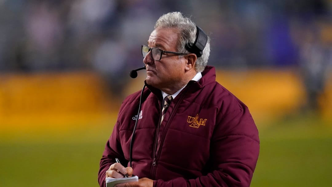 Louisiana-Monroe head coach Terry Bowden works the sideline in the second half of an NCAA college football game against LSU in Baton Rouge, La., Sunday, Nov. 21, 2021. (AP Photo/Gerald Herbert)