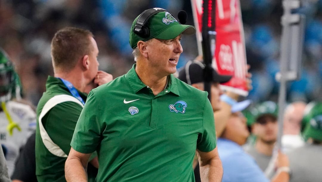 Tulane head coach Willie Fritz watches play during the second half of the Cotton Bowl NCAA college football game against Southern California, Monday, Jan. 2, 2023, in Arlington, Texas. (AP Photo/Sam Hodde)