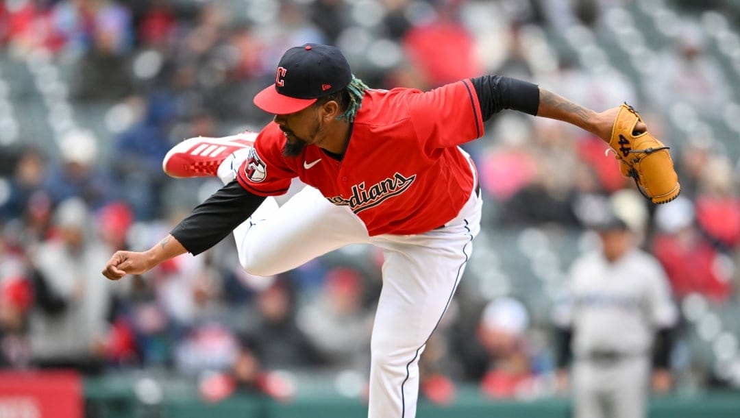 Cleveland Guardians relief pitcher Emmanuel Clase delivers during the ninth inning of a baseball game against the Miami Marlins, Sunday, April 23, 2023, in Cleveland. (AP Photo/Nick Cammett)
