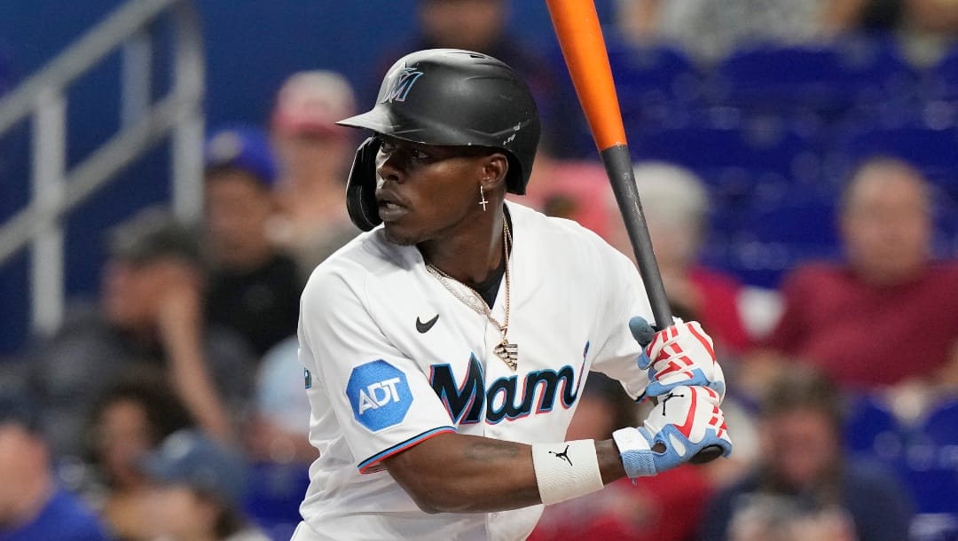Miami Marlins' Jazz Chisholm Jr. (2) waits for a pitch during a baseball game against the Atlanta Braves in Miami.