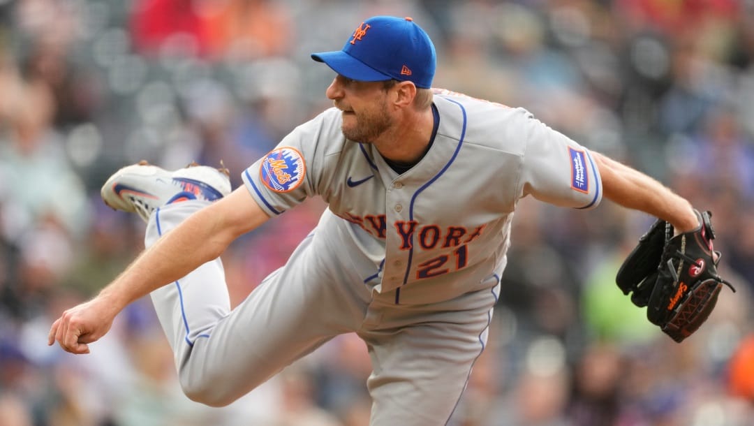 New York Mets starting pitcher Max Scherzer works against the Colorado Rockies in the first inning of a baseball game Friday, May 26, 2023, in Denver. (AP Photo/David Zalubowski)