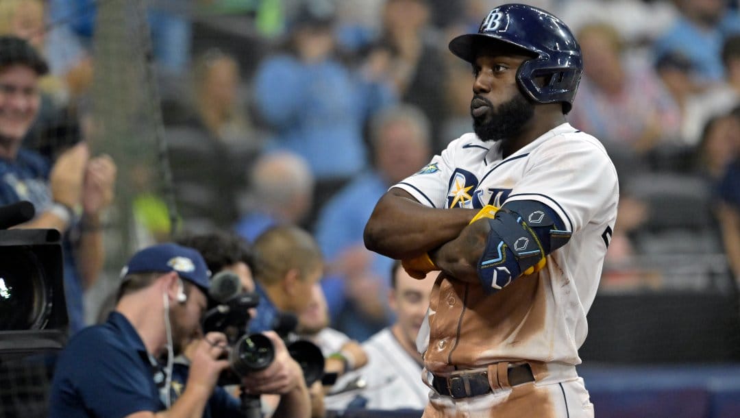 Tampa Bay Rays' Randy Arozarena celebrates a solo home run off Toronto Blue Jays starting pitcher Chris Bassitt during the sixth inning of a baseball game, Monday, May 22, 2023, in St. Petersburg, Fla.