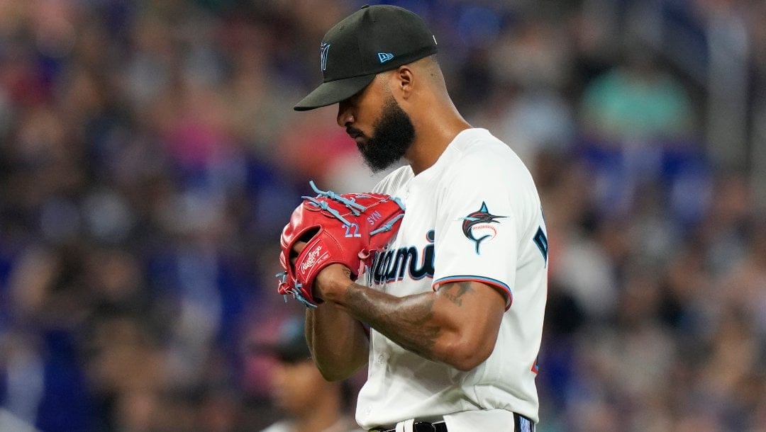 Miami Marlins starting pitcher Sandy Alcantara stands on the mound during the sixth inning of a baseball game against the Arizona Diamondbacks, Sunday, April 16, 2023, in Miami. The Diamondbacks scored four runs in the sixth inning.