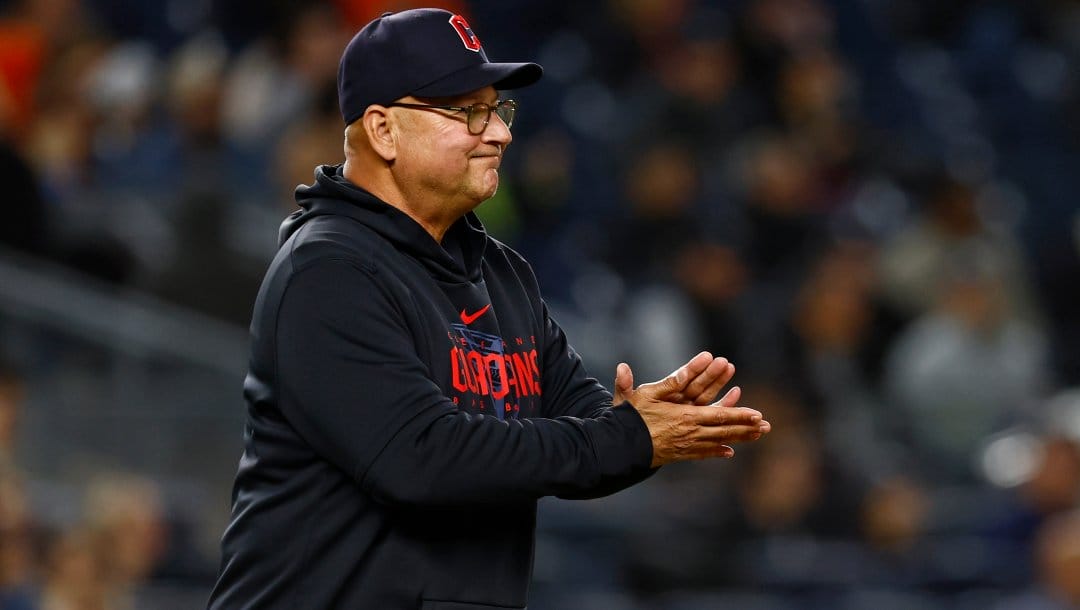 Cleveland Guardians manager Terry Francona (77) walks to the mound in the eighth inning against the Cleveland Guardians in a baseball game, Monday, May 1, 2023, in New York. The Guardian's defeated the Yankees 3-2.