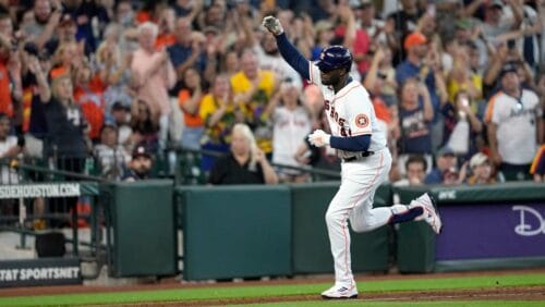 Houston Astros' Yordan Alvarez celebrates after hitting a home run against the Oakland Athletics during the eighth inning of a baseball game Saturday, May 20, 2023, in Houston.