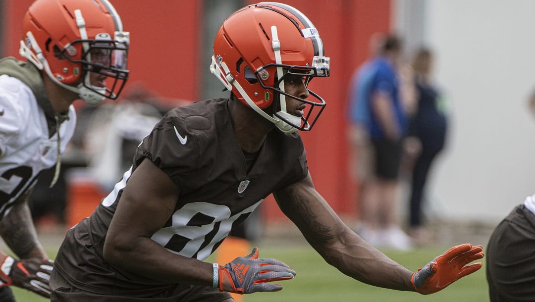 Cleveland Browns rookie Cedric Tillman runs a drill at the NFL team's rookie minicamp in Berea, Ohio, Friday, May 12, 2023.