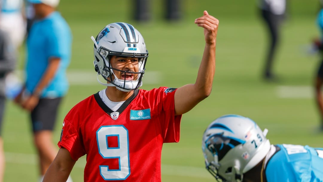 Carolina Panthers quarterback Bryce Young calls a play during drills at the the NFL football team's OTA practices in Charlotte, N.C., Monday, May 22, 2023. (AP Photo/Nell Redmond)