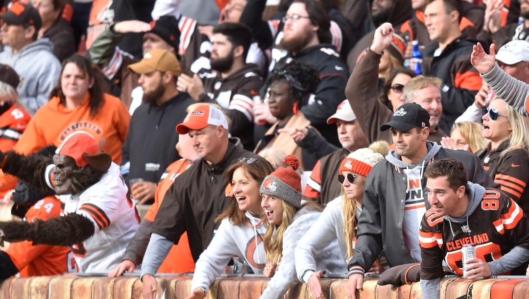 Cleveland Browns fans cheer during an NFL football game against the Arizona Cardinals, Sunday, Oct. 17, 2021, in Cleveland. The Cardinals won 37-14.