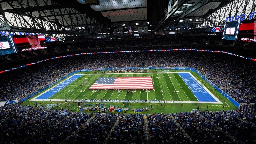 Ford Field is shown before an NFL football game between the Detroit Lions and San Francisco 49ers in Detroit, Sunday, Sept. 12, 2021. (AP Photo/Paul Sancya)