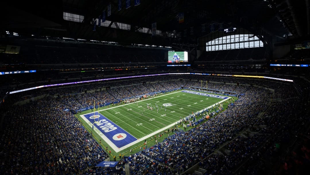 A general overall interior view of Lucas Oil Stadium as the Washington Commanders take on the Indianapolis Colts, Sunday, Oct. 30, 2022, in Indianapolis. (AP Photo/Zach Bolinger)