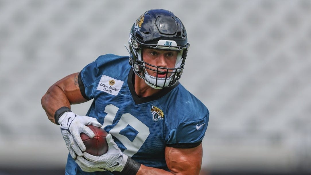 Jacksonville Jaguars tight end Sammis Reyes practices during the NFL football team's OTA offseason workouts in Jacksonville, Fla., Monday, May 22, 2023.