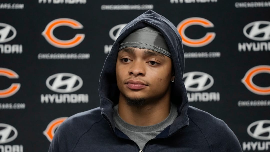 Chicago Bears quarterback Justin Fields talks to the media after an NFL football game against the Detroit Lions, Sunday, Jan. 1, 2023, in Detroit. (AP Photo/Paul Sancya)