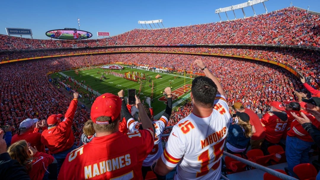 A general overall view of Arrowhead Stadium with a sellout crowd for the NFL football game between the Kansas City Chiefs and the Buffalo Bills, Sunday, Oct. 16, 2022 in Kansas City, Mo. (AP Photo/Reed Hoffmann)