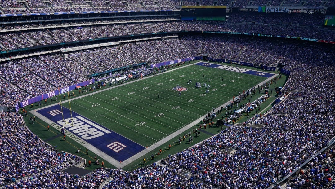 A general overall interior view of MetLife Stadium as the New York Giants take on the Carolina Panthers during the first half an NFL football game, Sunday, Sept. 18, 2022, in East Rutherford, N.J. (AP Photo/Seth Wenig)