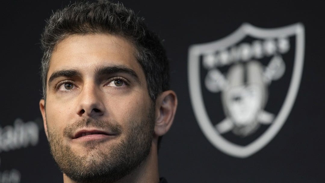 Las Vegas Raiders quarterback Jimmy Garoppolo takes questions at a news conference Friday, March 17, 2023, in Henderson, Nev.