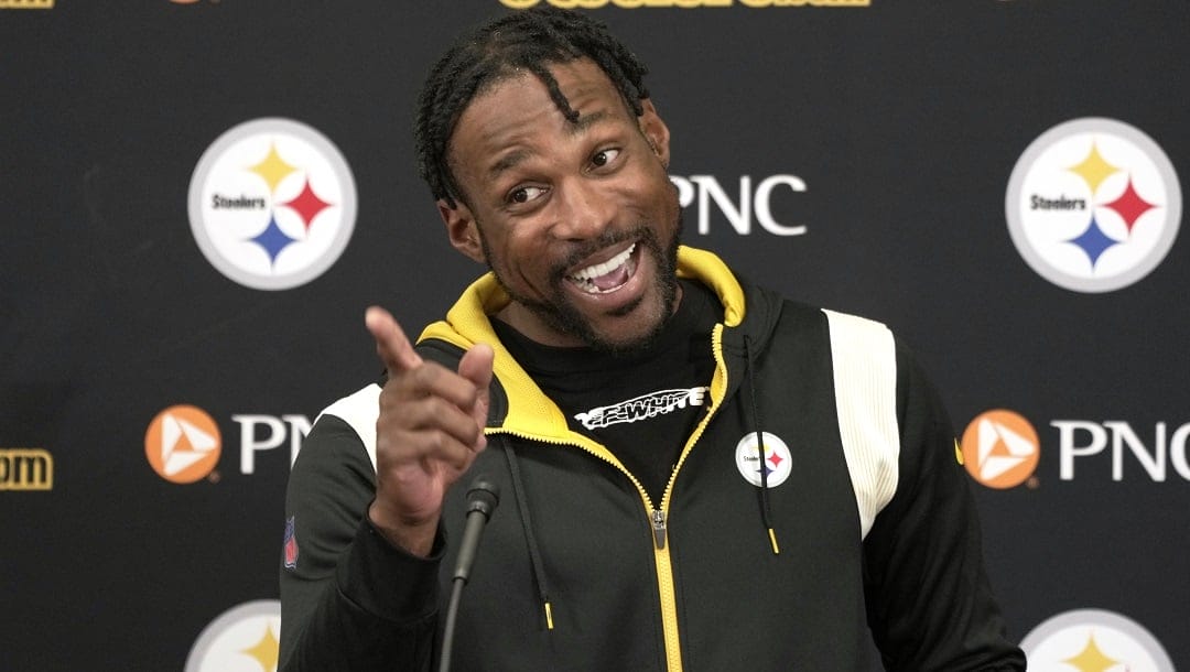 New Pittsburgh Steelers cornerback Patrick Peterson meets with reporters at the NFL football team's practice facility in Pittsburgh, Thursday, March 16, 2023. The Steelers signed the eight-time Pro Bowler to a two-year deal to give their secondary an experienced voice heading into 2023.