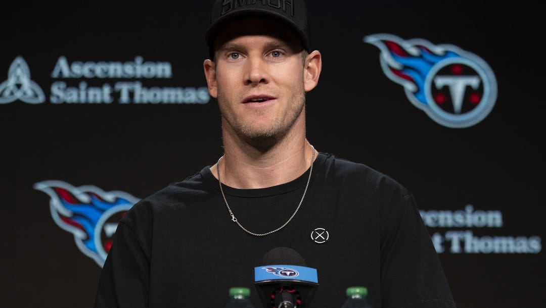Tennessee Titans NFL football quarterback Ryan Tannehill responds to questions during a news conference Wednesday, May 3, 2023, in Nashville, Tenn.