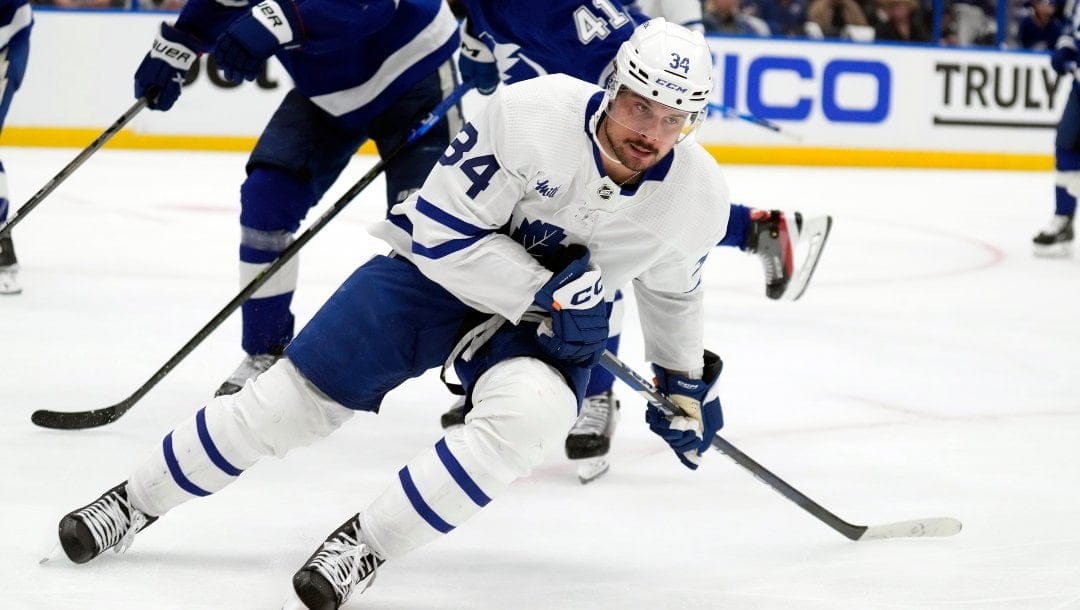 Toronto Maple Leafs center Auston Matthews (34) reacts after scoring against the Tampa Bay Lightning during the third period in Game 4 of an NHL hockey Stanley Cup first-round playoff series Monday, April 24, 2023, in Tampa, Fla.