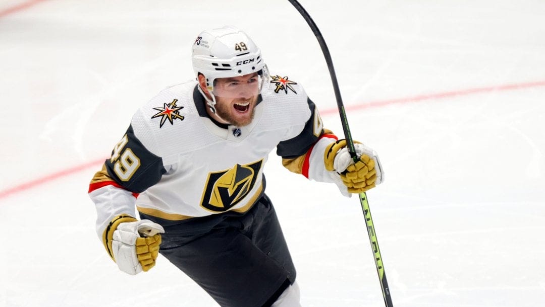 Vegas Golden Knight center Ivan Barbashev celebrates after right wing Jonathan Marchessault scored during the second period of Game 6 of the NHL hockey Stanley Cup Western Conference finals against the Dallas Stars, Monday, May 29, 2023, in Dallas.
