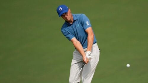 Jordan Spieth chips to the green on the second hole during the second round of the Masters golf tournament at Augusta National Golf Club on Friday, April 7, 2023, in Augusta, Ga. (AP Photo/David J. Phillip)