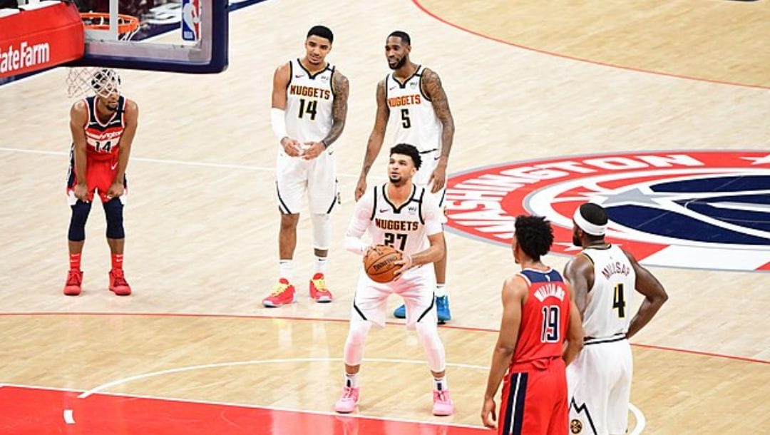 Jamal Murray shoots a free throw shot for the Denver Nuggets against the Washington Wizards in January 2020.