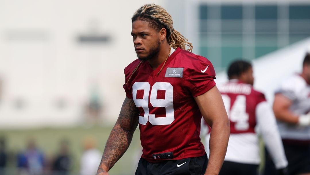 Washington Commanders defensive end Chase Young is seen during an NFL football practice at the team's training facility in Ashburn, Va., Wednesday, June 7, 2023.