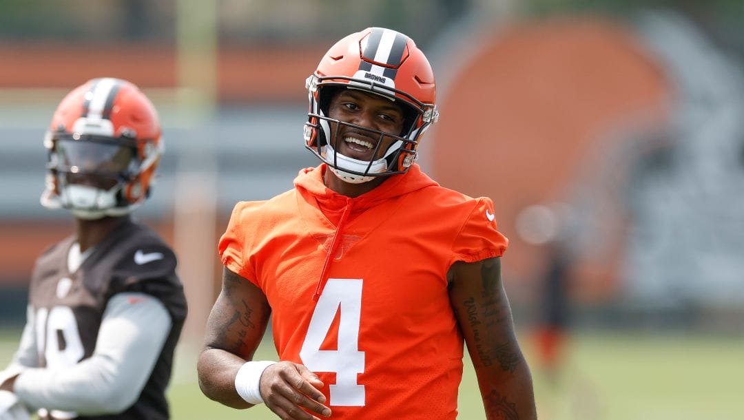 Cleveland Browns quarterback Deshaun Watson takes part in drills at the NFL football team's practice facility Wednesday, June 7, 2023, in Berea, Ohio.