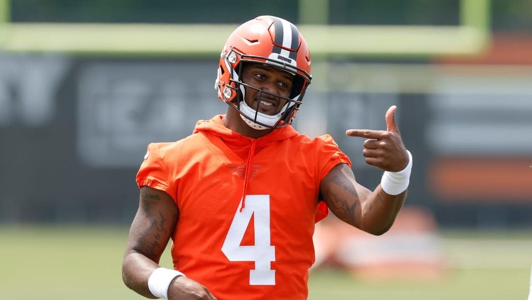 Cleveland Browns quarterback Deshaun Watson takes part in drills at the NFL football team's practice facility Wednesday, June 7, 2023, in Berea, Ohio.