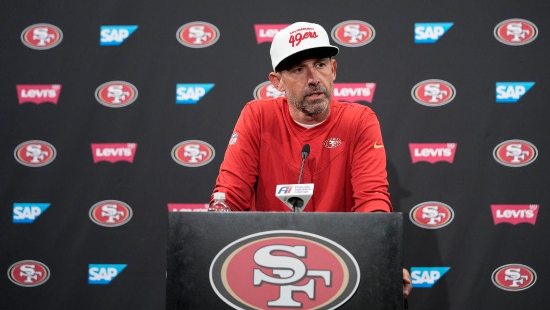 San Francisco 49ers coach Kyle Shanahan speaks to reporters after the NFL football team's practice Tuesday, May 23, 2023, in Santa Clara, Calif.