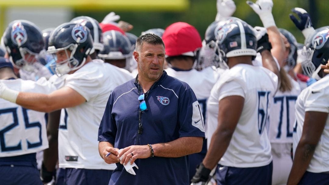 Tennessee Titans head coach Mike Vrabel walks across the field during practice at the NFL football team's training facility Thursday, June 8, 2023, in Nashville, Tenn.