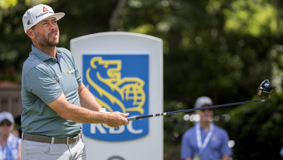 Chez Reavie watches his drive off the third tee during the final round of the RBC Heritage golf tournament, Sunday, April 16, 2023, in Hilton Head Island, S.C.