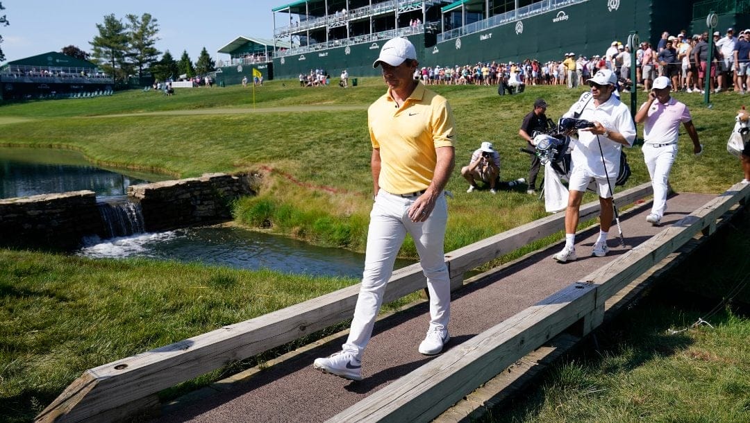 Rory McIlroy, of Northern Ireland, walks to the 15th fairway during the final round of the Memorial golf tournament, Sunday, June 4, 2023, in Dublin, Ohio.