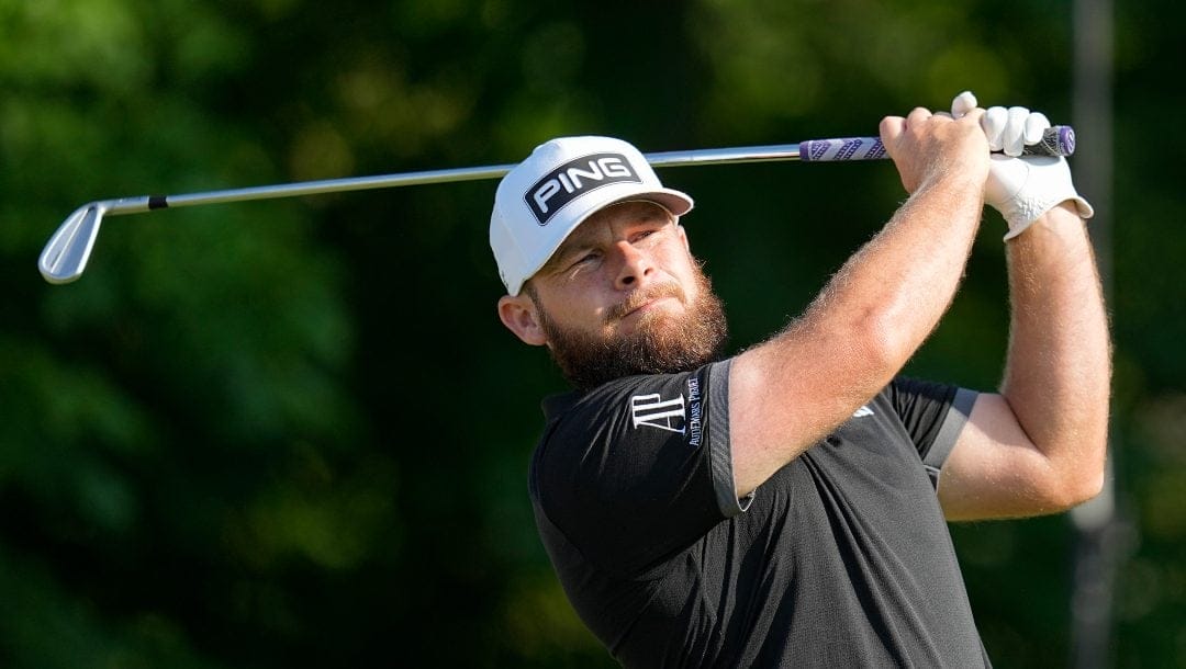 Tyrrell Hatton, of England, watches his tee shot on the 14th hole during the second round of the Memorial golf tournament, Friday, June 2, 2023, in Dublin, Ohio.