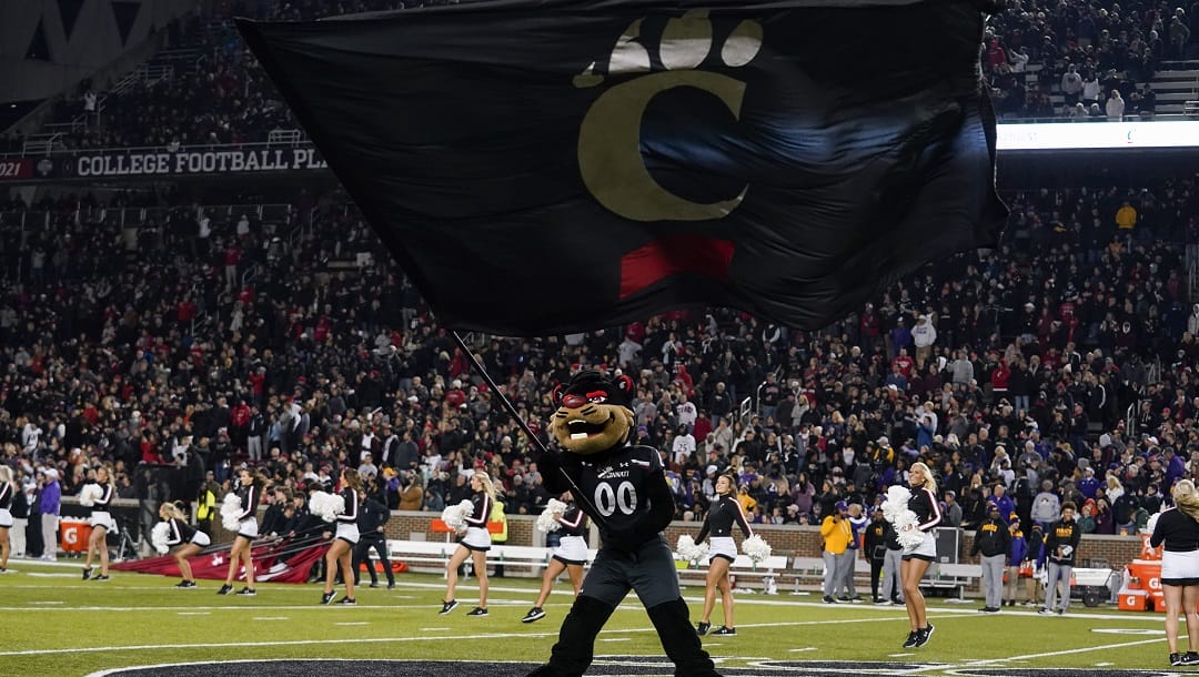 The Cincinnati bearcat mascot performs during an NCAA college football game against East Carolina, Friday, Nov. 11, 2022, in Cincinnati.