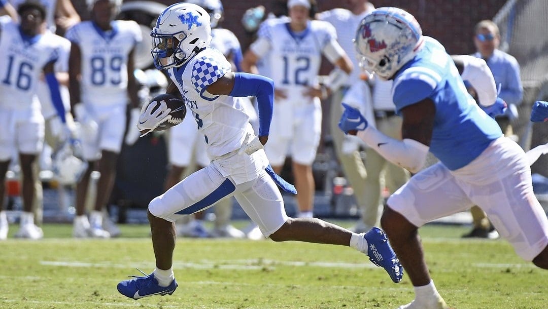 Kentucky wide receiver Barion Brown (2) runs with the ball during the second half of an NCAA college football game against Mississippi in Oxford, Miss., Saturday, Oct. 1, 2022. Barion Brown set school freshman marks last season with 50 catches for 628 yards. Brown also averaged 27.5 yards per kick return.