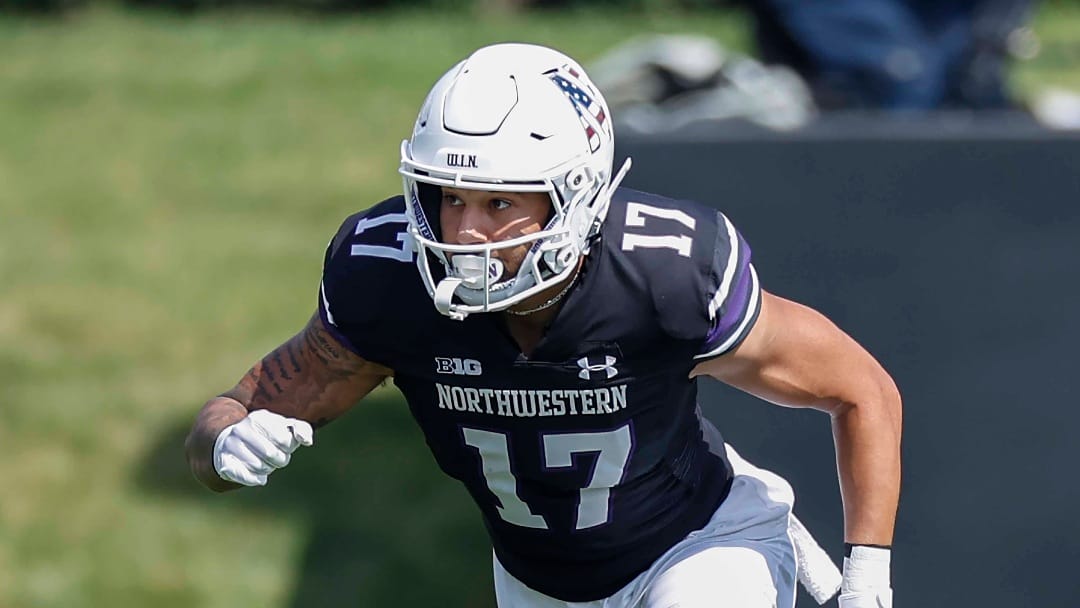 Northwestern wide receiver Bryce Kirtz (17) in action against Duke during the first half of an NCAA football game on Saturday, Sept. 10, 2022, in Evanston, Ill. (AP Photo/Kamil Krzaczynski)