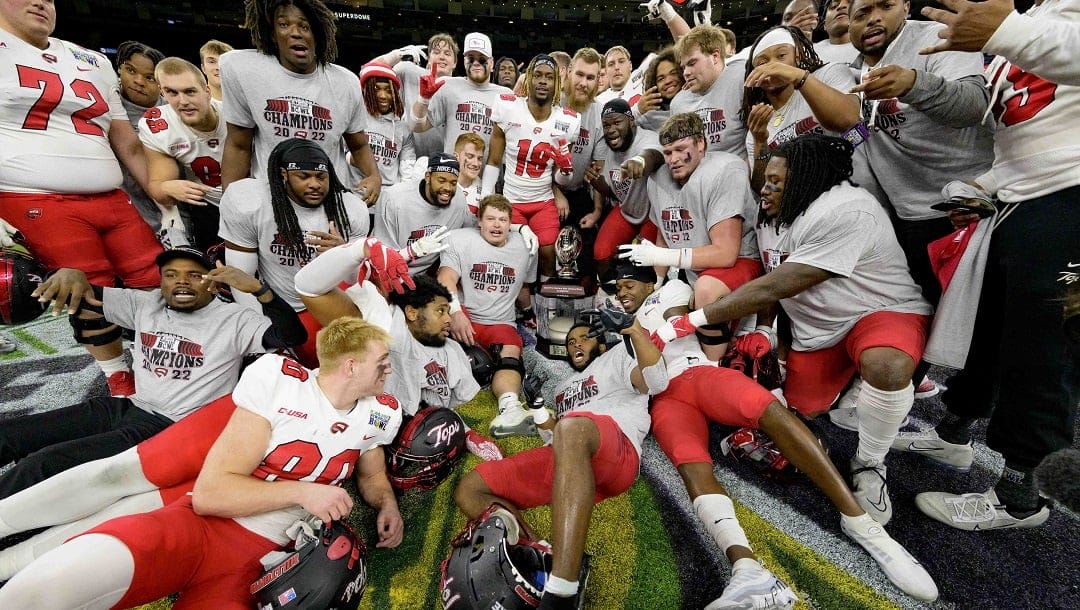 Western Kentucky players celebrate their team's victory over South Alabama during the New Orleans Bowl NCAA football game in New Orleans, Wednesday, Dec. 21, 2022.