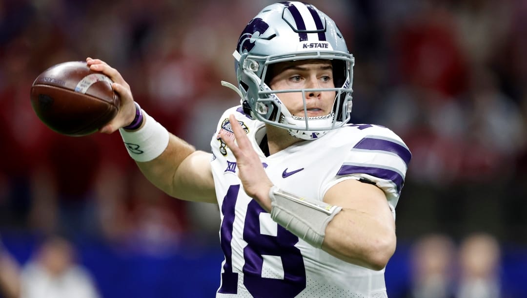 Kansas State quarterback Will Howard throws a pass during the first half of the Sugar Bowl NCAA college football game against Alabama, Saturday, Dec. 31, 2022, in New Orleans. (AP Photo/Butch Dill)