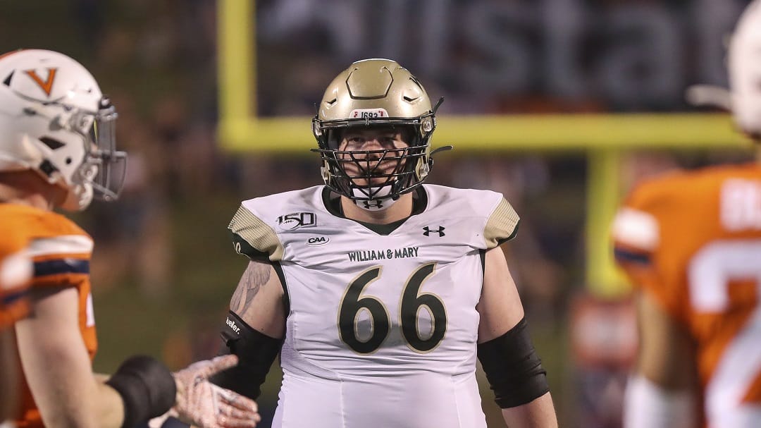 William & Mary offensive lineman Dan Evers (66) during an NCAA college football game in Charlottesville, Va., Friday, Sept. 6, 2019. Virginia defeated William & Mary 51-17.