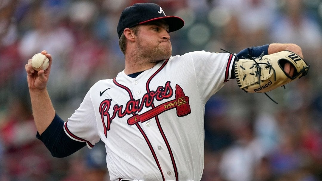 Atlanta Braves starting pitcher Bryce Elder works against the Los Angeles Dodgers in the first inning of a baseball game, Wednesday, May 24, 2023, in Atlanta.