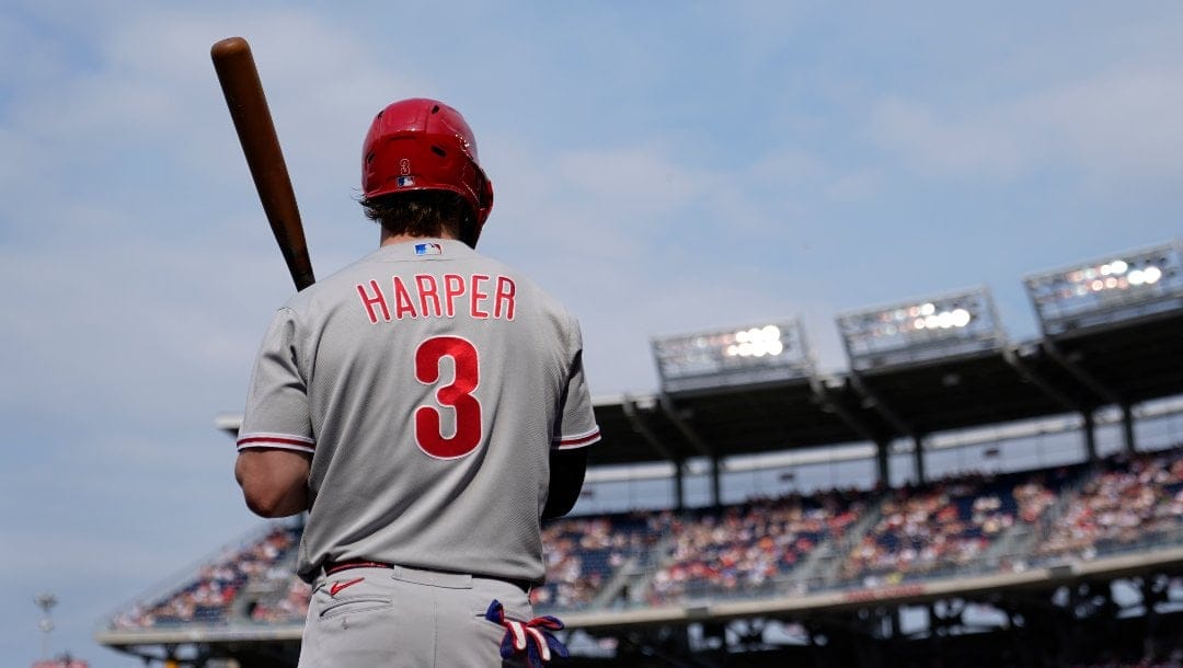 Philadelphia Phillies' Bryce Harper prepares for an at-bat during a baseball game against the Washington Nationals, Saturday, June 3, 2023, in Washington.